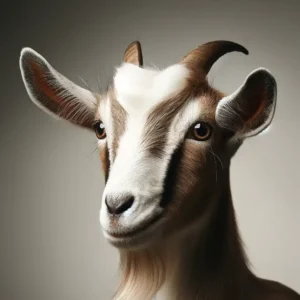 Dairy Goat Farm -- A fashion headshot of a dairy goat. The goat has a well-groomed coat and a stylish appearance, with expressive eyes and prominent ears. The background3