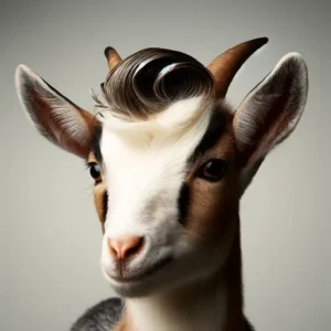 Dairy Goat Farm -- A fashion headshot of a dairy goat. The goat has a well-groomed coat and a stylish appearance, with expressive eyes and prominent ears. The background4