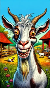 A vivid and detailed illustration of a dairy goat in the style of Mad Magazine. The goat has a humorous and exaggerated expression, with wide, express5