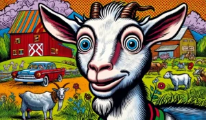 Dairy Goat Farm -- A vivid and detailed illustration of a dairy goat in the style of Mad Magazine. The goat has a humorous and exaggerated expression, with wide, express6